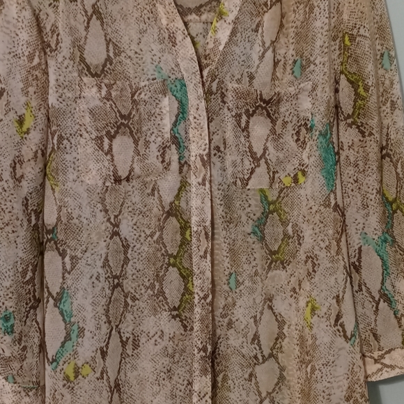 Covington Essentials Sheer Blouse Size Medium Print Tan Brown Green Teal - Picture 2 of 12